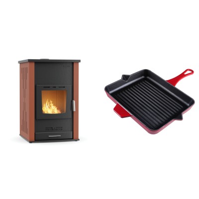 Set Kaminofen, Holzofen Wasserführend Velmora Fire ATS HYDRO, 33kW + Emaillierte grillpfanne Gusseisen Solagio, Rubin, 26x32cm - Küchenofen / Küchenhexe