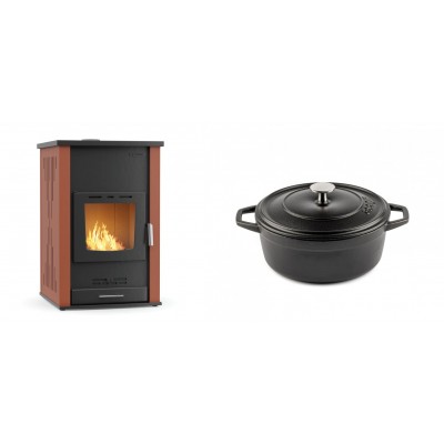 Set Kaminofen, Holzofen Wasserführend Velmora Fire ATS HYDRO, 33kW + Gusseisen Topf Tiefer Solagio, Black Onyx, Ф20 - Küchenofen / Küchenhexe