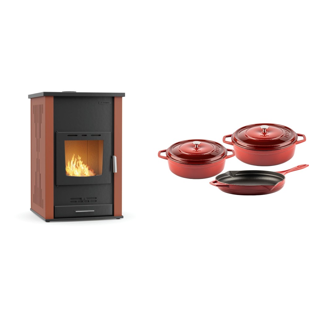 Set Kaminofen, Holzofen Wasserführend Velmora Fire ATS HYDRO, 33kW + Gusseisen Topf Set aus 3 teilen Solagio, Rubin