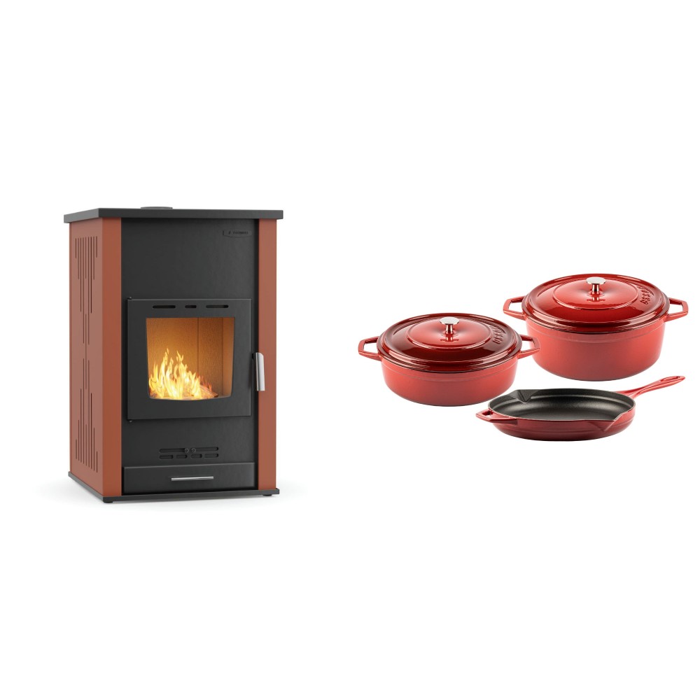 Set Kaminofen, Holzofen Wasserführend Velmora Fire ATS HYDRO, 33kW + Gusseisen Topf Set aus 3 teilen Solagio, Rubin | Holzofen | Kaminofen |