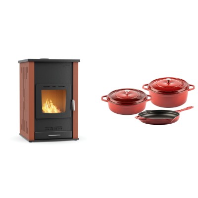 Set Kaminofen, Holzofen Wasserführend Velmora Fire ATS HYDRO, 33kW + Gusseisen Topf Set aus 3 teilen Solagio, Rubin - Küchenofen / Küchenhexe