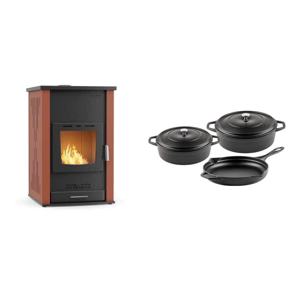 Set Kaminofen, Holzofen Wasserführend Velmora Fire ATS HYDRO, 33kW + Gusseisen Topf Set aus 3 teilen Solagio, Black Onyx | Holzofen | Kaminofen |
