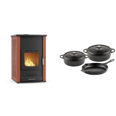 Set Kaminofen, Holzofen Wasserführend Velmora Fire ATS HYDRO, 33kW + Gusseisen Topf Set aus 3 teilen Solagio, Black Onyx - Küchenofen / Küchenhexe