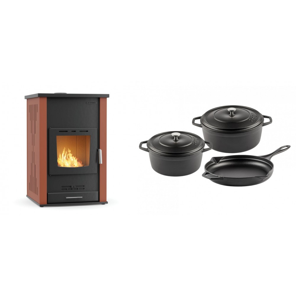 Set Kaminofen, Holzofen Wasserführend Velmora Fire ATS HYDRO, 33kW + Gusseisen Topf Set aus 3 teilen Solagio, Black Onyx