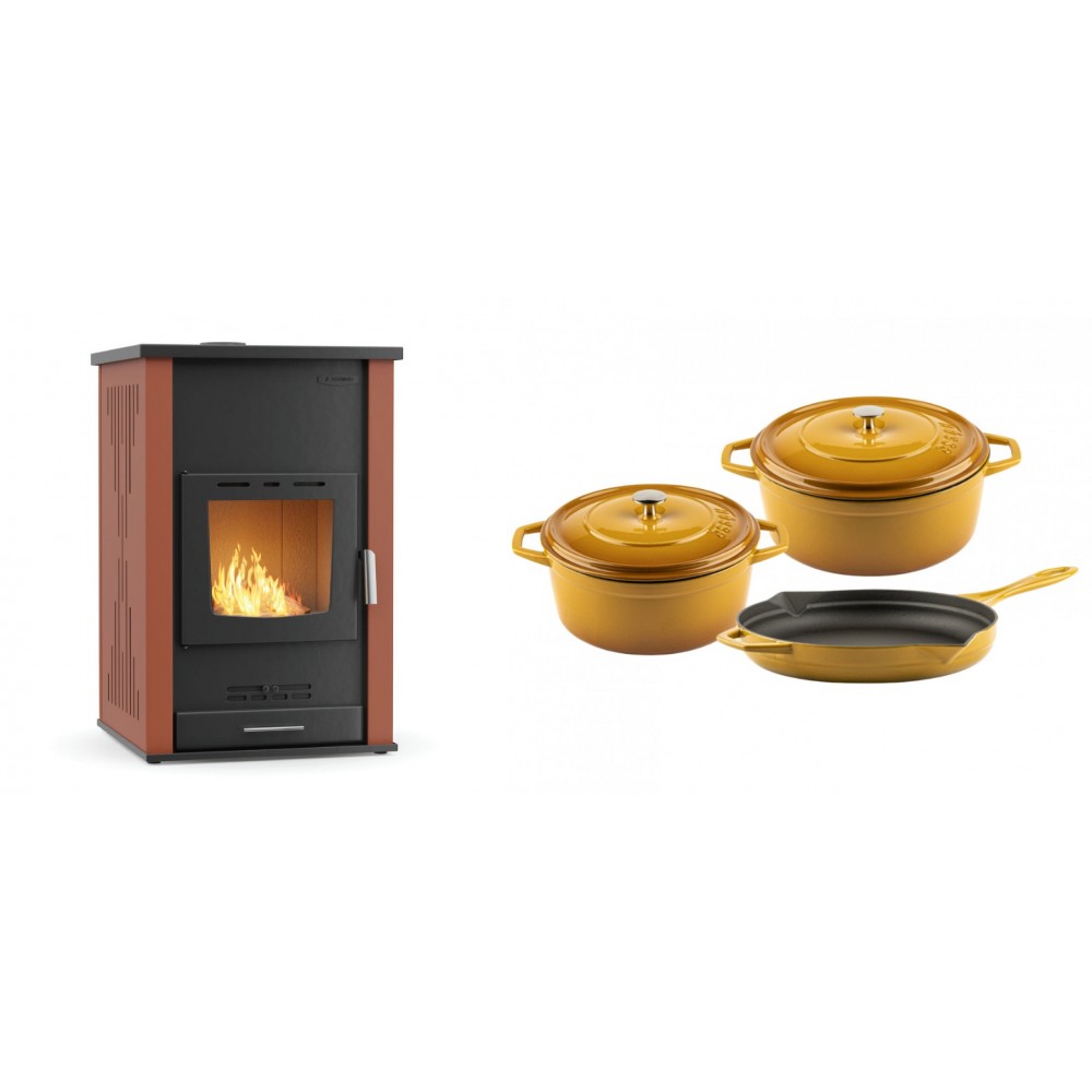 Set Kaminofen, Holzofen Wasserführend Velmora Fire ATS HYDRO, 33kW + Gusseisen Topf Set aus 3 teilen Solagio, Dijon