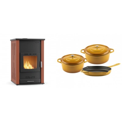 Set Kaminofen, Holzofen Wasserführend Velmora Fire ATS HYDRO, 33kW + Gusseisen Topf Set aus 3 teilen Solagio, Dijon - Küchenofen / Küchenhexe