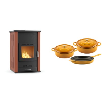 Set Kaminofen, Holzofen Wasserführend Velmora Fire ATS HYDRO, 33kW + Gusseisen Topf Set aus 3 teilen Solagio, Dijon - Küchenofen / Küchenhexe