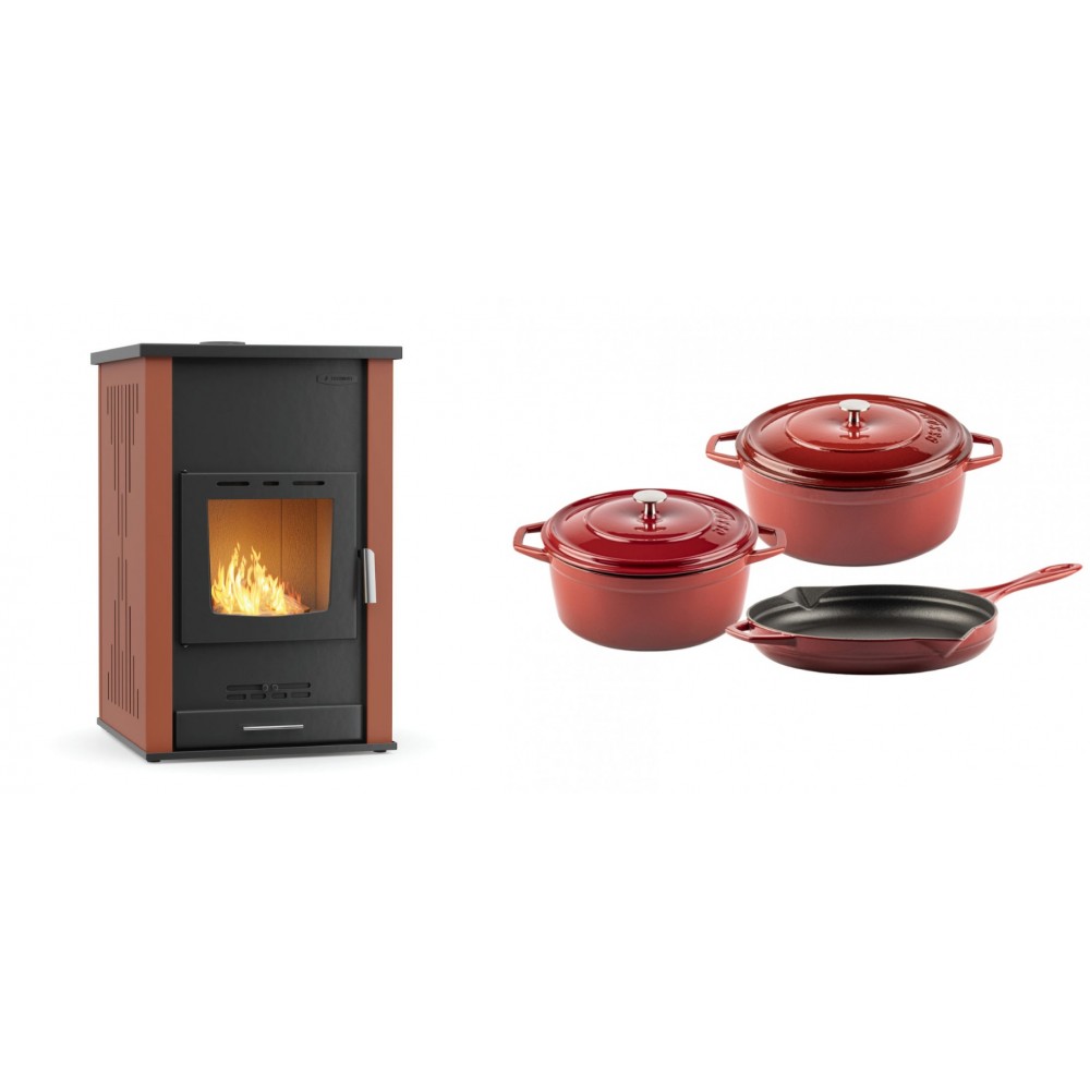 Set Kaminofen, Holzofen Wasserführend Velmora Fire ATS HYDRO, 33kW + Gusseisen Topf Set aus 3 teilen Solagio, Rubin