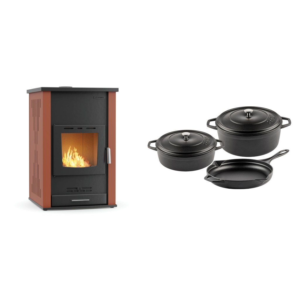 Set Kaminofen, Holzofen Wasserführend Velmora Fire ATS HYDRO, 33kW + Gusseisen Topf Set aus 3 teilen Solagio, Black Onyx