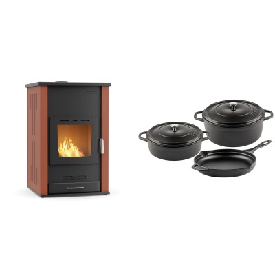 Set Kaminofen, Holzofen Wasserführend Velmora Fire ATS HYDRO, 33kW + Gusseisen Topf Set aus 3 teilen Solagio, Black Onyx - Küchenofen / Küchenhexe