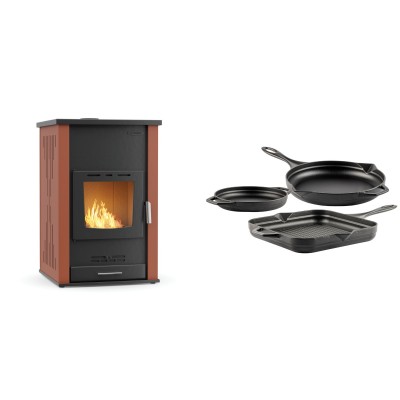Set Kaminofen, Holzofen Wasserführend Velmora Fire ATS HYDRO, 33kW + Gusseisen Topf Set aus 3 teilen Solagio, Black Onyx - Küchenofen / Küchenhexe