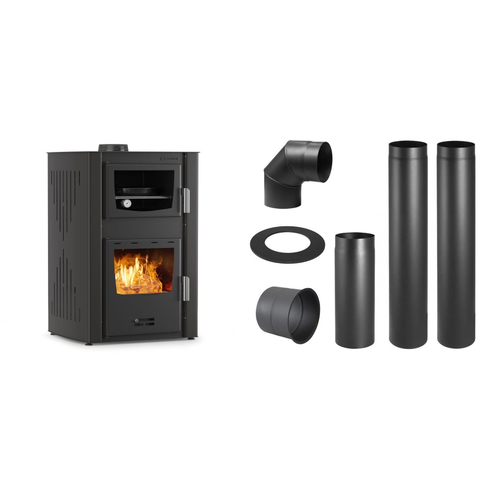 Set Kaminofen, Holzofen Wasserführend mit Backfach Velmora Fire ATS HYDRO ΜΑSΙΝΑ 90-25, 25kW + Schornstein Bausatz PARKANEX, Stahl Ø150, Dicke 2mm
