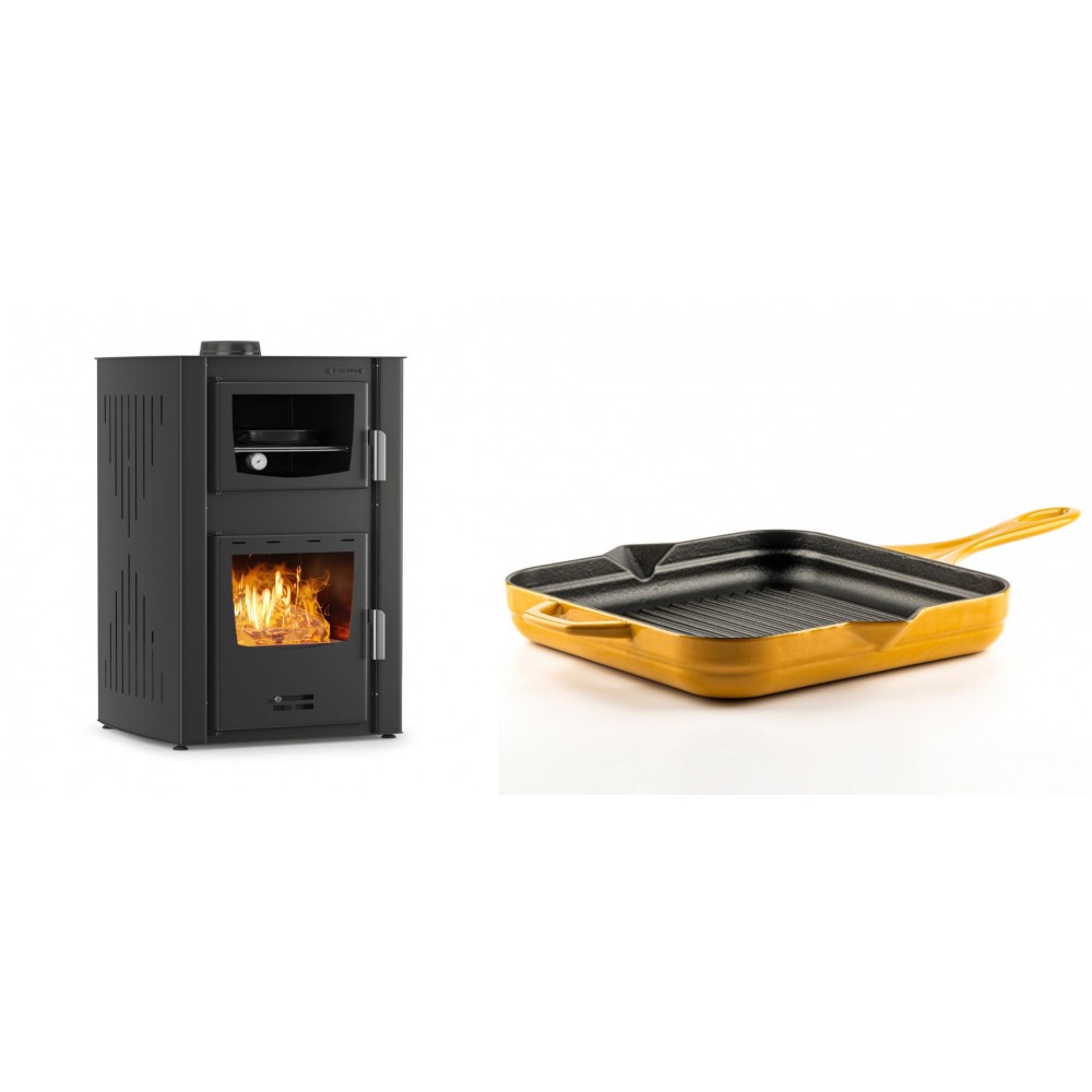 Set Kaminofen, Holzofen Wasserführend mit Backfach Velmora Fire ATS HYDRO ΜΑSΙΝΑ 90-25, 25kW + Emaillierte grillpfanne Gusseisen Solagio, Dijon, 28х28cm
