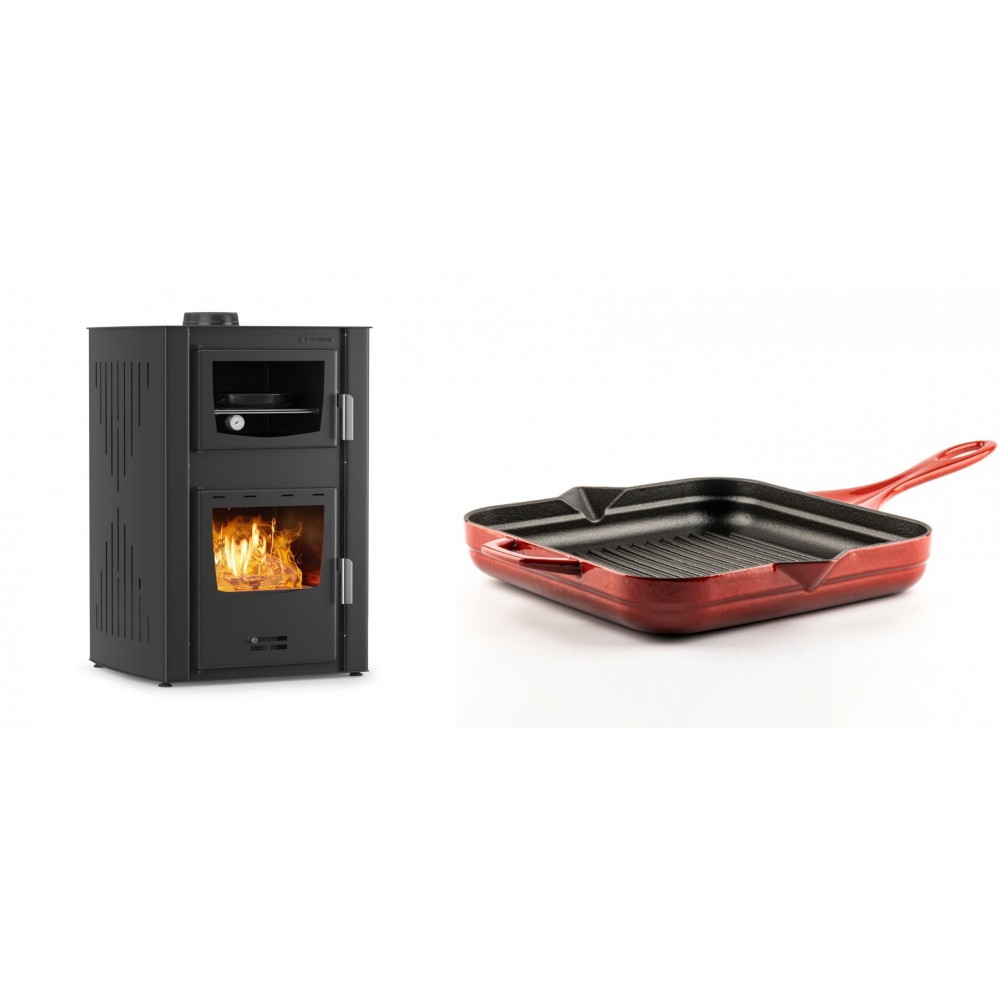 Set Kaminofen, Holzofen Wasserführend mit Backfach Velmora Fire ATS HYDRO ΜΑSΙΝΑ 90-25, 25kW + Emaillierte grillpfanne Gusseisen Solagio, Rubin, 28x28cm