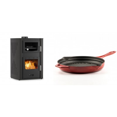 Set Kaminofen, Holzofen Wasserführend mit Backfach Velmora Fire ATS HYDRO ΜΑSΙΝΑ 90-25, 25kW + Emaillierte grillpfanne Gusseisen Solagio, Rubin, Ф28cm - Kaminofen - Holzofen mit Backfach