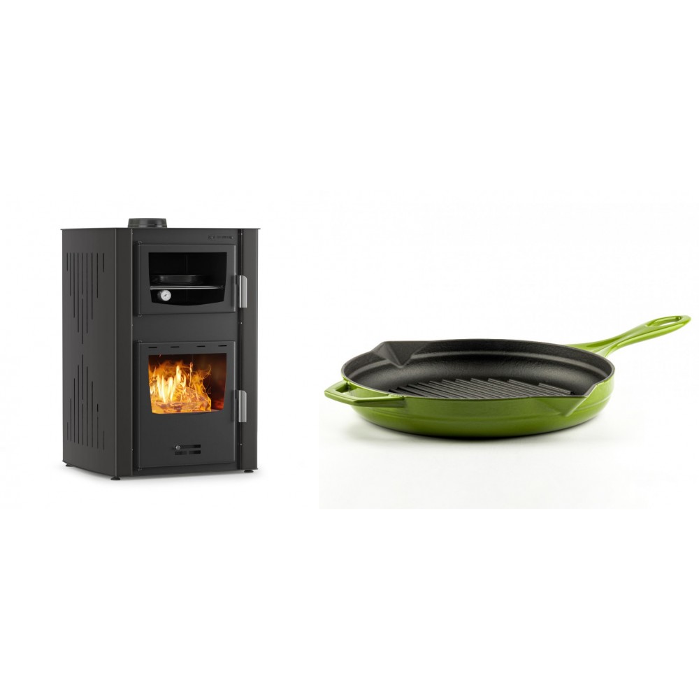 Set Kaminofen, Holzofen Wasserführend mit Backfach Velmora Fire ATS HYDRO ΜΑSΙΝΑ 90-25, 25kW + Emaillierte grillpfanne Gusseisen Solagio, Bamboo, Ф28cm | Holzofen | Kaminofen |