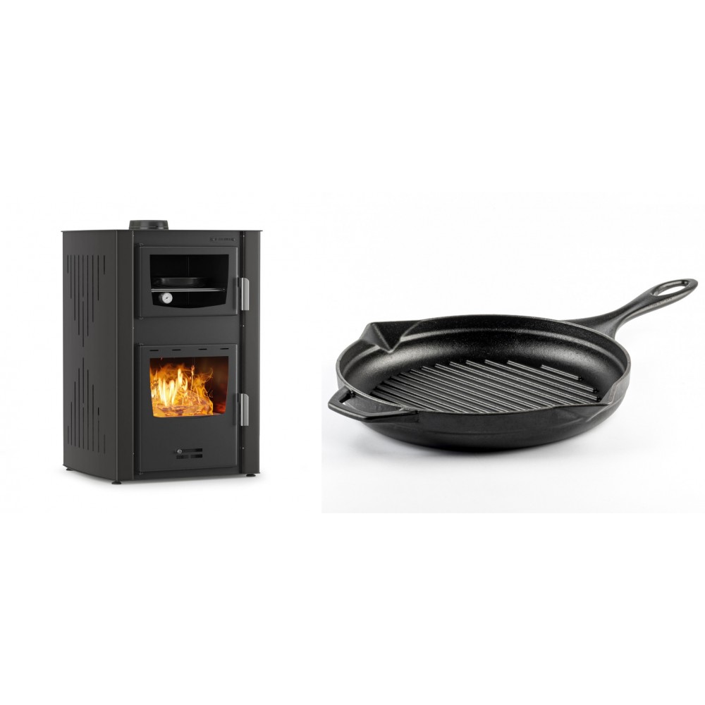 Set Kaminofen, Holzofen Wasserführend mit Backfach Velmora Fire ATS HYDRO ΜΑSΙΝΑ 90-25, 25kW + Emaillierte grillpfanne Gusseisen Solagio, Black Onyx, Ф28cm | Holzofen | Kaminofen |