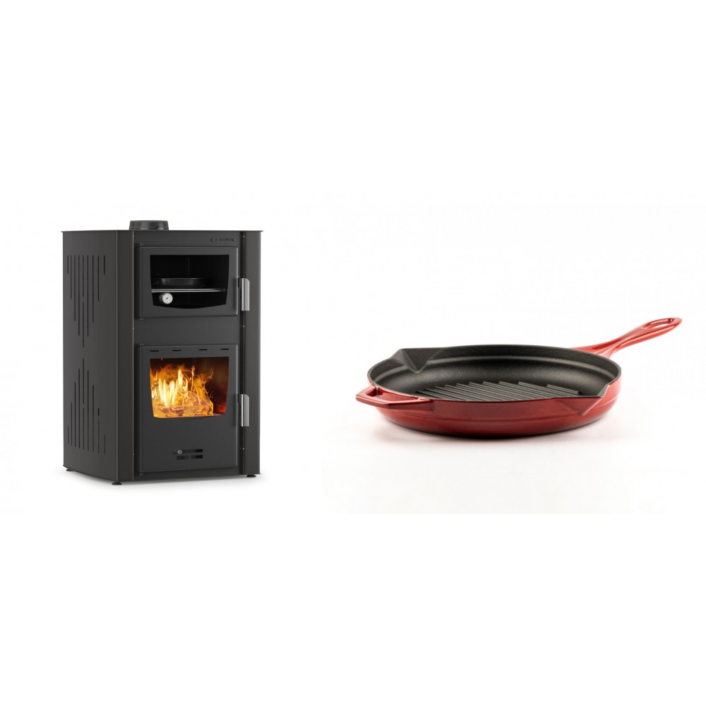 Set Kaminofen, Holzofen Wasserführend mit Backfach Velmora Fire ATS HYDRO ΜΑSΙΝΑ 90-25, 25kW + Emaillierte grillpfanne Gusseisen Solagio, Rubin, Ф24cm