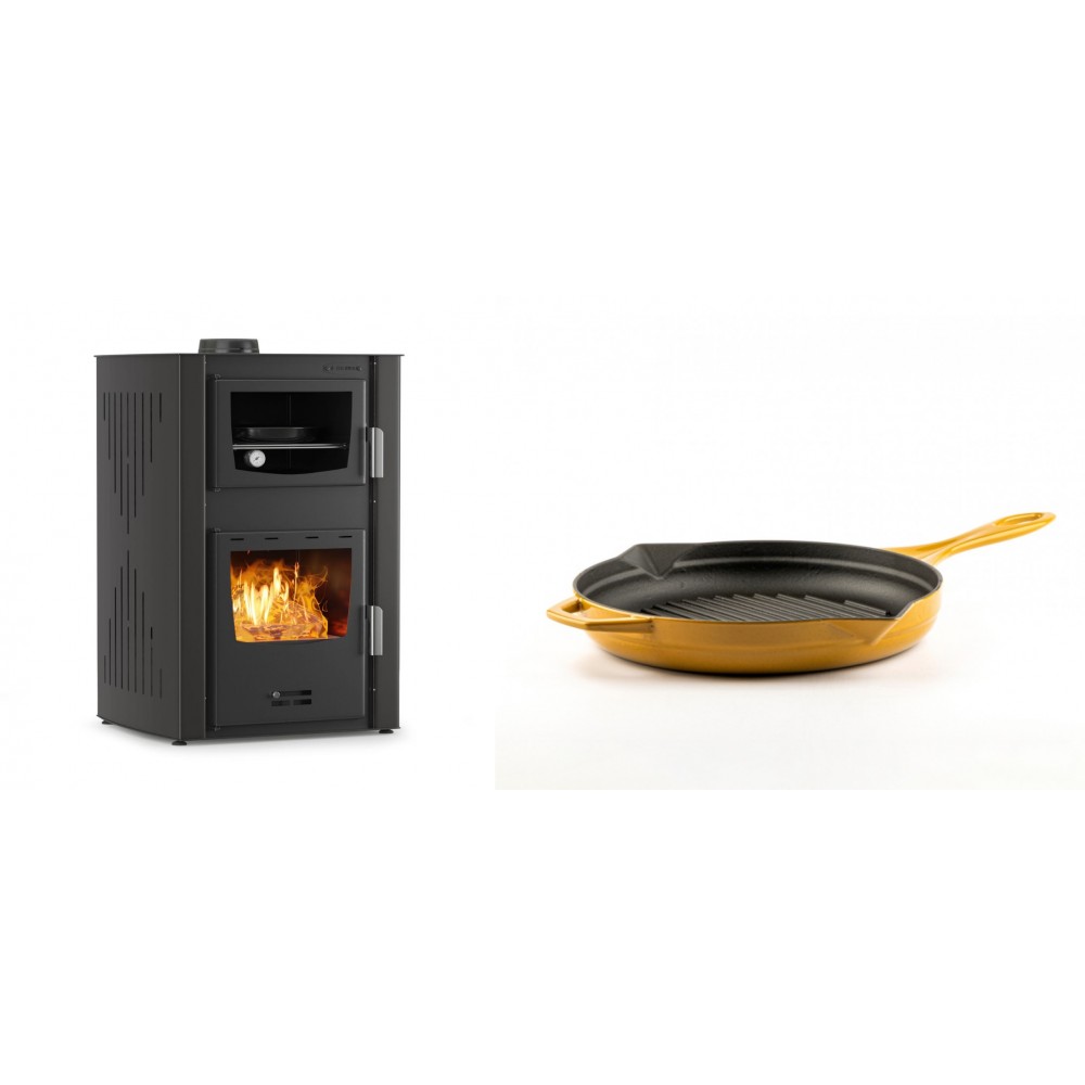 Set Kaminofen, Holzofen Wasserführend mit Backfach Velmora Fire ATS HYDRO ΜΑSΙΝΑ 90-25, 25kW + Emaillierte grillpfanne Gusseisen Solagio, Dijon, Ф24cm