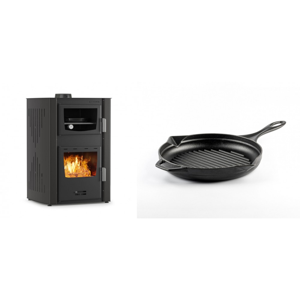 Set Kaminofen, Holzofen Wasserführend mit Backfach Velmora Fire ATS HYDRO ΜΑSΙΝΑ 90-25, 25kW + Emaillierte grillpfanne Gusseisen Solagio, Black Onyx, Ф24cm