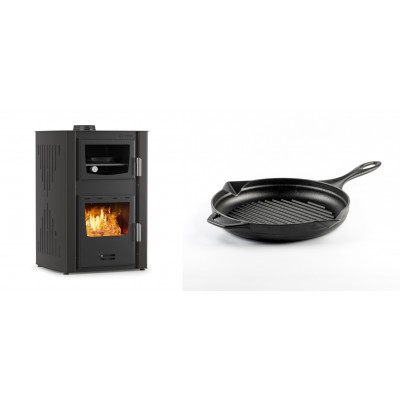 Set Kaminofen, Holzofen Wasserführend mit Backfach Velmora Fire ATS HYDRO ΜΑSΙΝΑ 90-25, 25kW + Emaillierte grillpfanne Gusseisen Solagio, Black Onyx, Ф24cm - Kaminofen - Holzofen mit Backfach