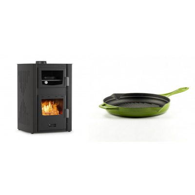 Set Kaminofen, Holzofen Wasserführend mit Backfach Velmora Fire ATS HYDRO ΜΑSΙΝΑ 90-25, 25kW + Emaillierte grillpfanne Gusseisen Solagio, Bamboo, Ф24cm - Kaminofen - Holzofen mit Backfach