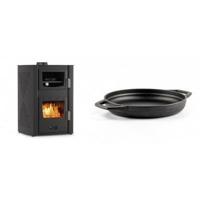 Set Kaminofen, Holzofen Wasserführend mit Backfach Velmora Fire ATS HYDRO ΜΑSΙΝΑ 90-25, 25kW + Emaillierte gusseisenpfanne mit zwei Griffen Solagio, Black Onyx, Ф22cm - Kaminofen - Holzofen mit Backfach