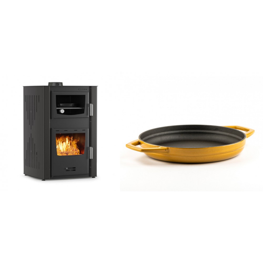 Set Kaminofen, Holzofen Wasserführend mit Backfach Velmora Fire ATS HYDRO ΜΑSΙΝΑ 90-25, 25kW + Emaillierte gusseisenpfanne mit zwei Griffen Solagio, Dijon, Ф22cm