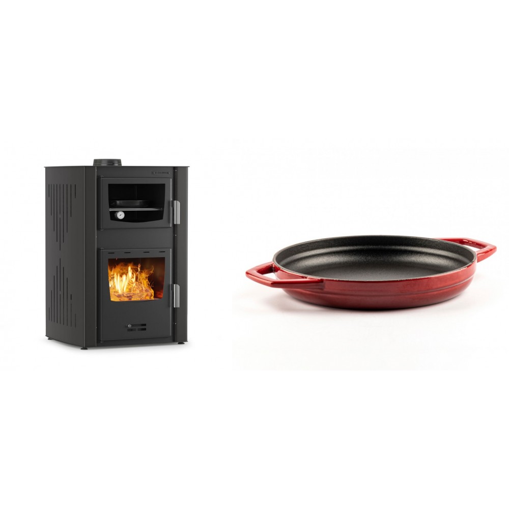 Set Kaminofen, Holzofen Wasserführend mit Backfach Velmora Fire ATS HYDRO ΜΑSΙΝΑ 90-25, 25kW + Emaillierte gusseisenpfanne mit zwei Griffen Solagio, Rubin, Ф22cm