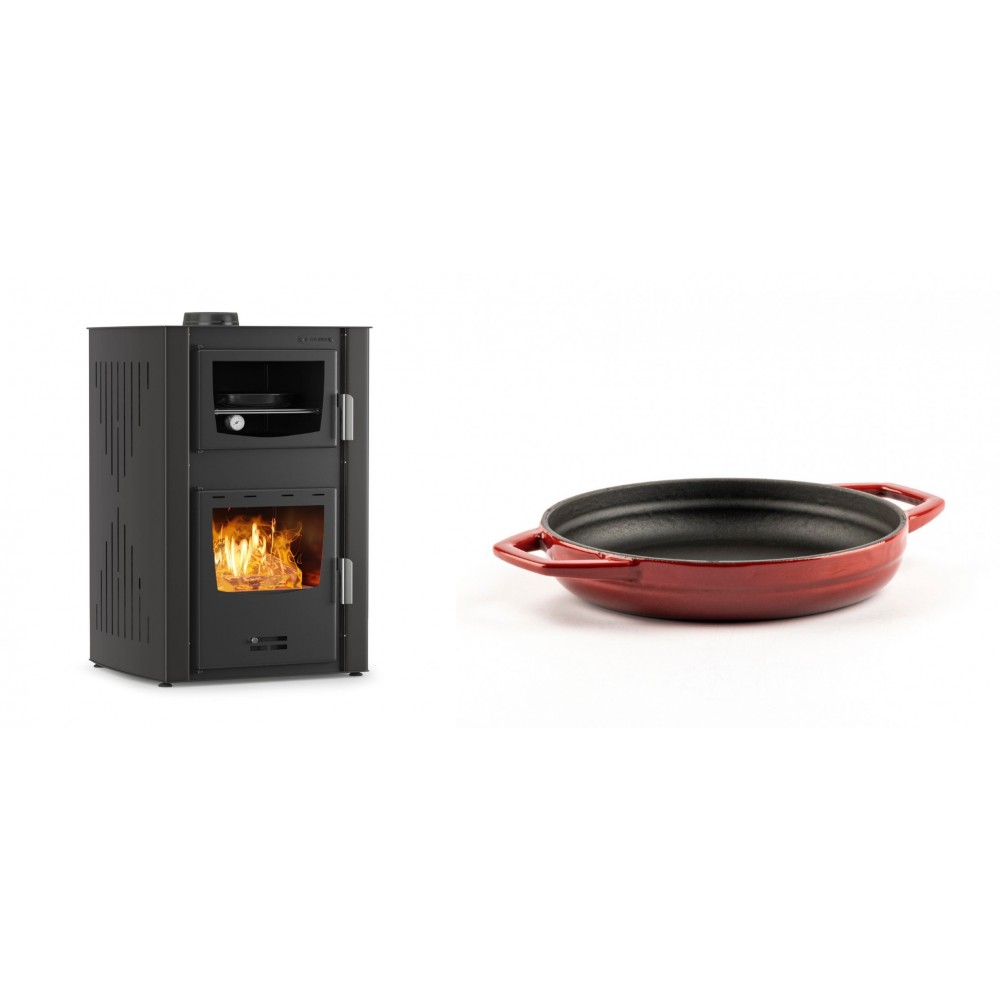 Set Kaminofen, Holzofen Wasserführend mit Backfach Velmora Fire ATS HYDRO ΜΑSΙΝΑ 90-25, 25kW + Emaillierte gusseisenpfanne mit zwei Griffen Solagio, Rubin, Ф19cm