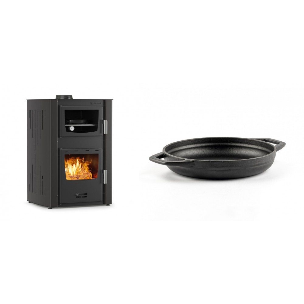 Set Kaminofen, Holzofen Wasserführend mit Backfach Velmora Fire ATS HYDRO ΜΑSΙΝΑ 90-25, 25kW + Emaillierte gusseisenpfanne mit zwei Griffen Solagio, Black Onyx, Ф19cm