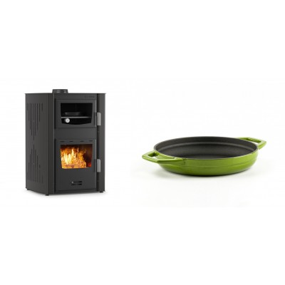Set Kaminofen, Holzofen Wasserführend mit Backfach Velmora Fire ATS HYDRO ΜΑSΙΝΑ 90-25, 25kW + Emaillierte gusseisenpfanne mit zwei Griffen Solagio, Bamboo, Ф19cm - Kaminofen - Holzofen mit Backfach
