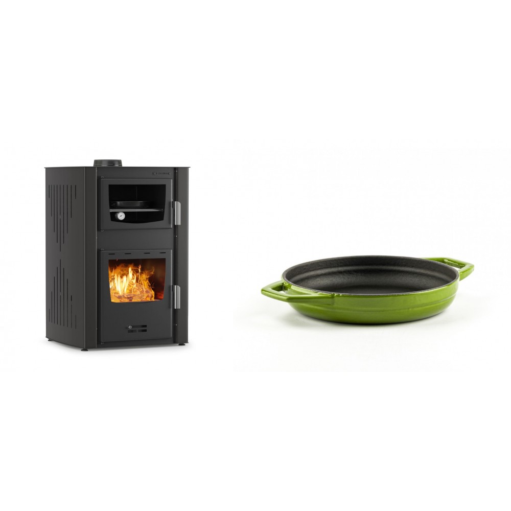Set Kaminofen, Holzofen Wasserführend mit Backfach Velmora Fire ATS HYDRO ΜΑSΙΝΑ 90-25, 25kW + Emaillierte gusseisenpfanne mit zwei Griffen Solagio, Bamboo, Ф16cm | Holzofen | Kaminofen |