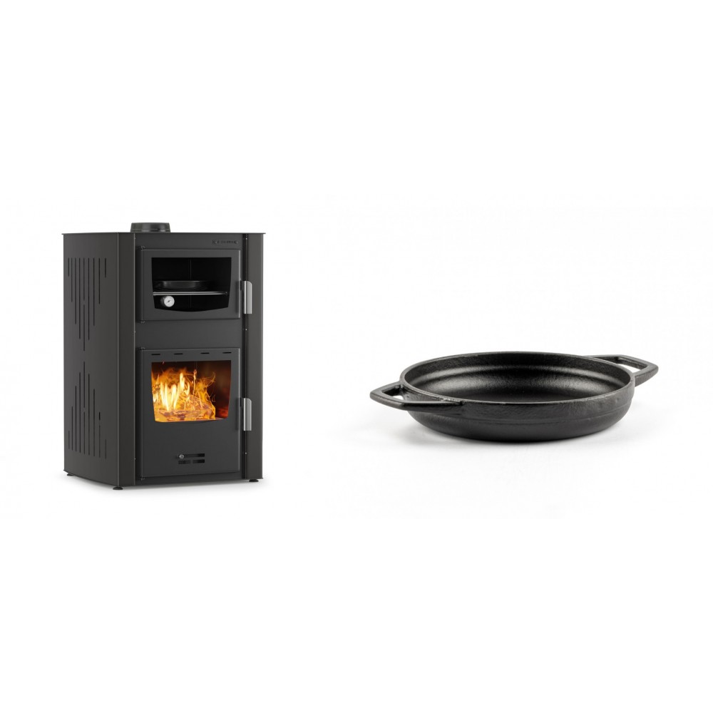 Set Kaminofen, Holzofen Wasserführend mit Backfach Velmora Fire ATS HYDRO ΜΑSΙΝΑ 90-25, 25kW + Emaillierte gusseisenpfanne mit zwei Griffen Solagio, Black Onyx, Ф16cm