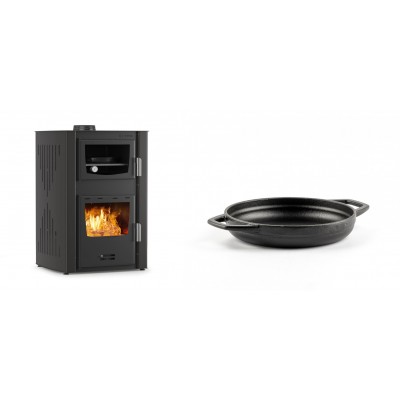 Set Kaminofen, Holzofen Wasserführend mit Backfach Velmora Fire ATS HYDRO ΜΑSΙΝΑ 90-25, 25kW + Emaillierte gusseisenpfanne mit zwei Griffen Solagio, Black Onyx, Ф16cm - Kaminofen - Holzofen mit Backfach