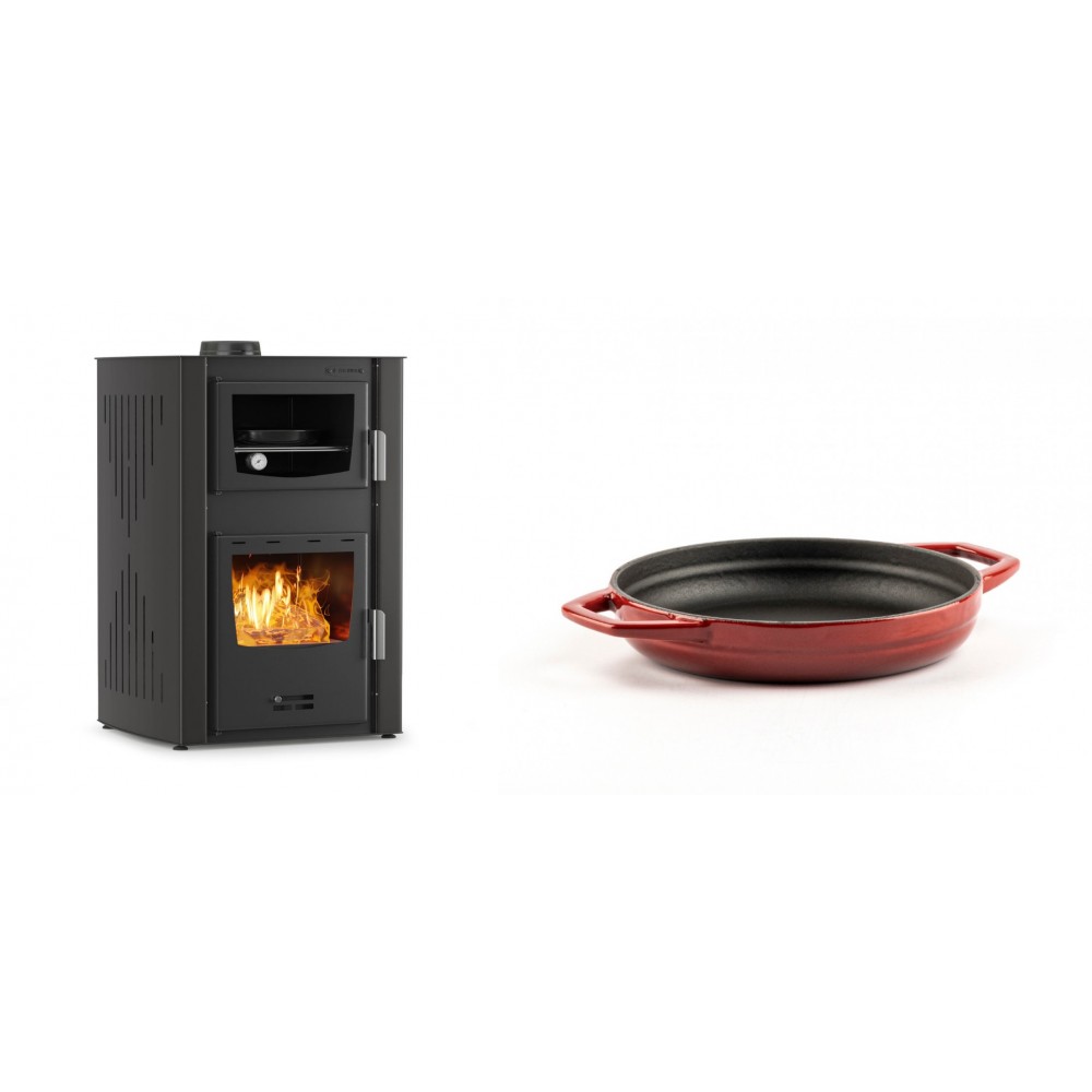 Set Kaminofen, Holzofen Wasserführend mit Backfach Velmora Fire ATS HYDRO ΜΑSΙΝΑ 90-25, 25kW + Emaillierte gusseisenpfanne mit zwei Griffen Solagio, Rubin, Ф16cm | Holzofen | Kaminofen |