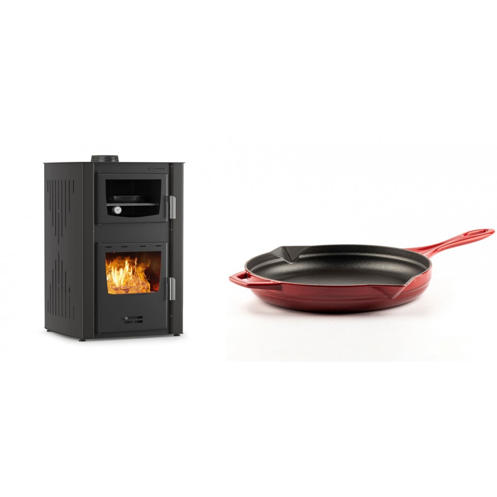Set Kaminofen, Holzofen Wasserführend mit Backfach Velmora Fire ATS HYDRO ΜΑSΙΝΑ 90-25, 25kW + Emaillierte Gusseisenpfanne Solagio, Rubin, Ф28cm