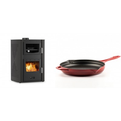 Set Kaminofen, Holzofen Wasserführend mit Backfach Velmora Fire ATS HYDRO ΜΑSΙΝΑ 90-25, 25kW + Emaillierte Gusseisenpfanne Solagio, Rubin, Ф28cm - Kaminofen - Holzofen mit Backfach