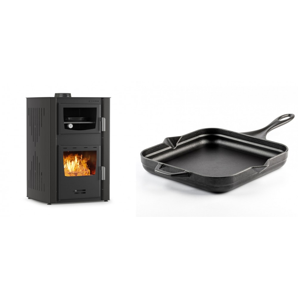 Set Kaminofen, Holzofen Wasserführend mit Backfach Velmora Fire ATS HYDRO ΜΑSΙΝΑ 90-25, 25kW + Emaillierte Gusseisenpfanne Solagio, Black Onyx, 28x28cm