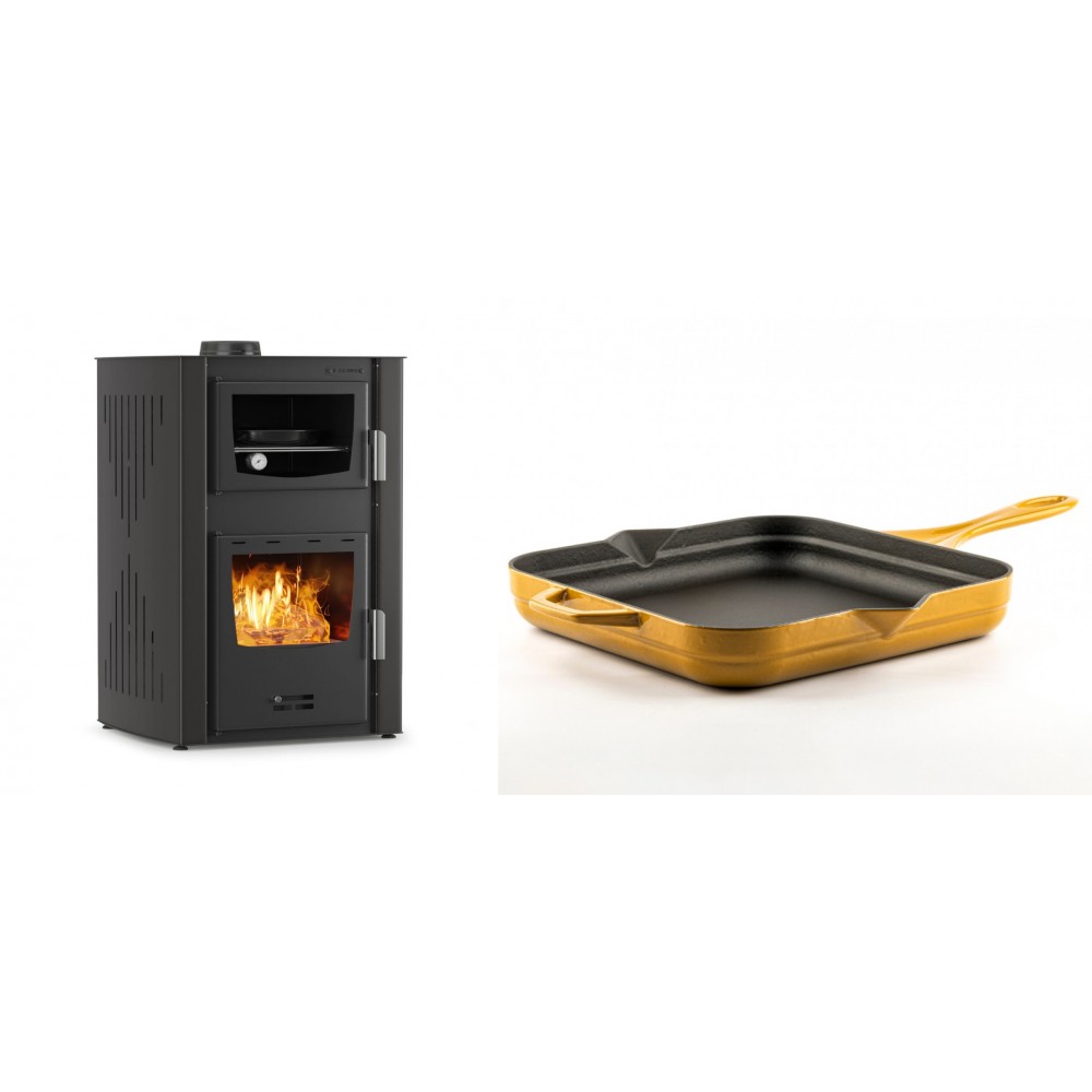 Set Kaminofen, Holzofen Wasserführend mit Backfach Velmora Fire ATS HYDRO ΜΑSΙΝΑ 90-25, 25kW + Emaillierte Gusseisenpfanne Solagio, Dijon, 28x28cm