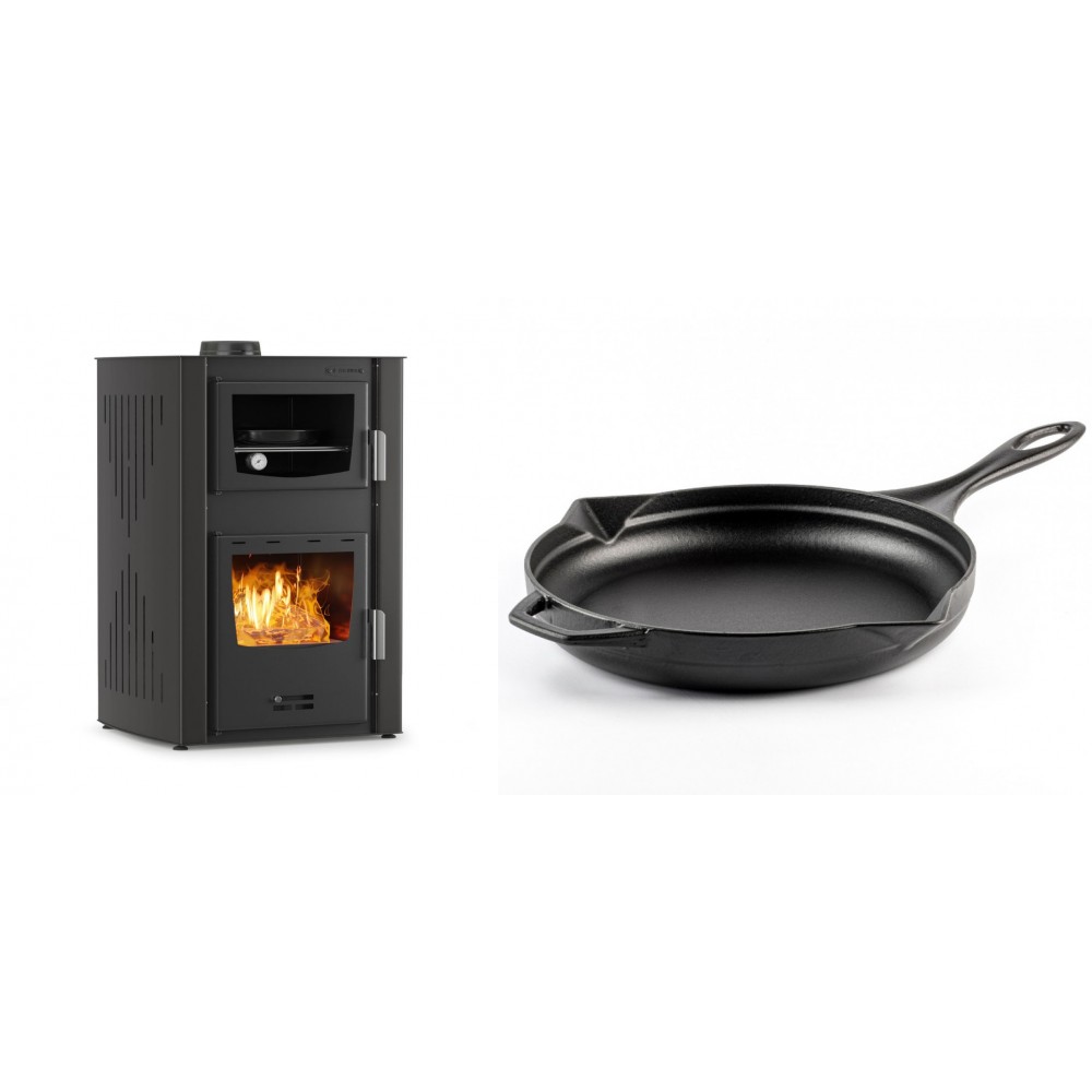 Set Kaminofen, Holzofen Wasserführend mit Backfach Velmora Fire ATS HYDRO ΜΑSΙΝΑ 90-25, 25kW + Emaillierte Gusseisenpfanne Solagio, Black Onyx, Ф28cm | Holzofen | Kaminofen |