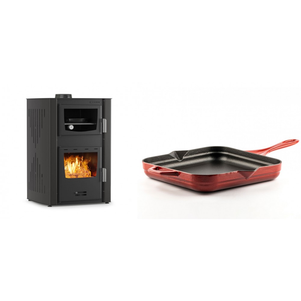 Set Kaminofen, Holzofen Wasserführend mit Backfach Velmora Fire ATS HYDRO ΜΑSΙΝΑ 90-25, 25kW + Emaillierte Gusseisenpfanne Solagio, Rubin, 28x28cm | Holzofen | Kaminofen |