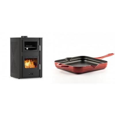 Set Kaminofen, Holzofen Wasserführend mit Backfach Velmora Fire ATS HYDRO ΜΑSΙΝΑ 90-25, 25kW + Emaillierte Gusseisenpfanne Solagio, Rubin, 28x28cm - Kaminofen - Holzofen mit Backfach