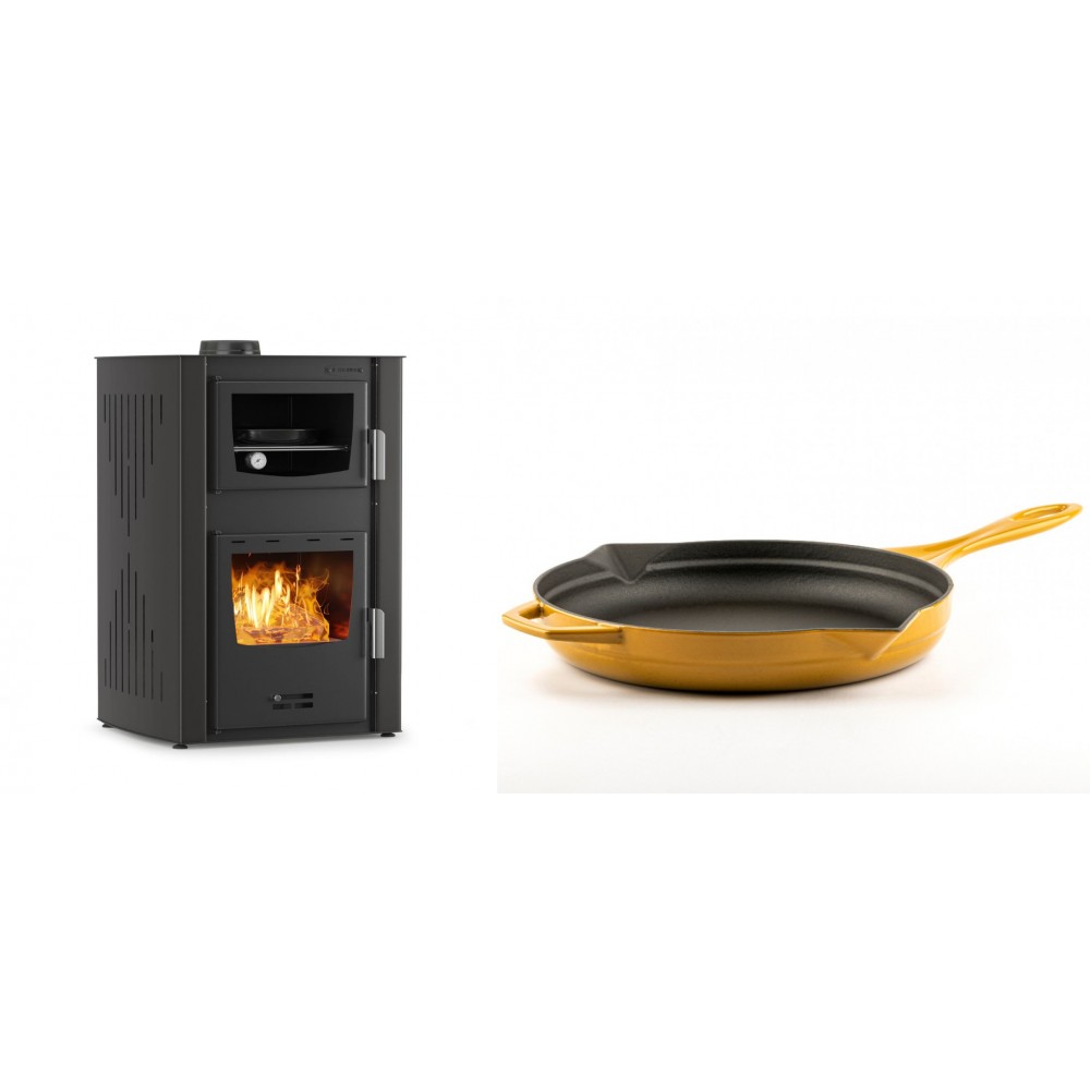 Set Kaminofen, Holzofen Wasserführend mit Backfach Velmora Fire ATS HYDRO ΜΑSΙΝΑ 90-25, 25kW + Emaillierte Gusseisenpfanne Solagio, Dijon, Ф28cm | Holzofen | Kaminofen |