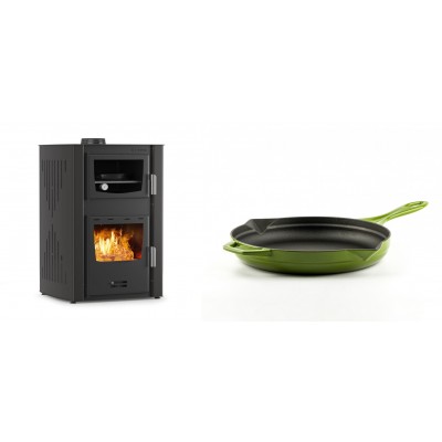 Set Kaminofen, Holzofen Wasserführend mit Backfach Velmora Fire ATS HYDRO ΜΑSΙΝΑ 90-25, 25kW + Emaillierte Gusseisenpfanne Solagio, Bamboo, Ф24cm - Kaminofen - Holzofen mit Backfach