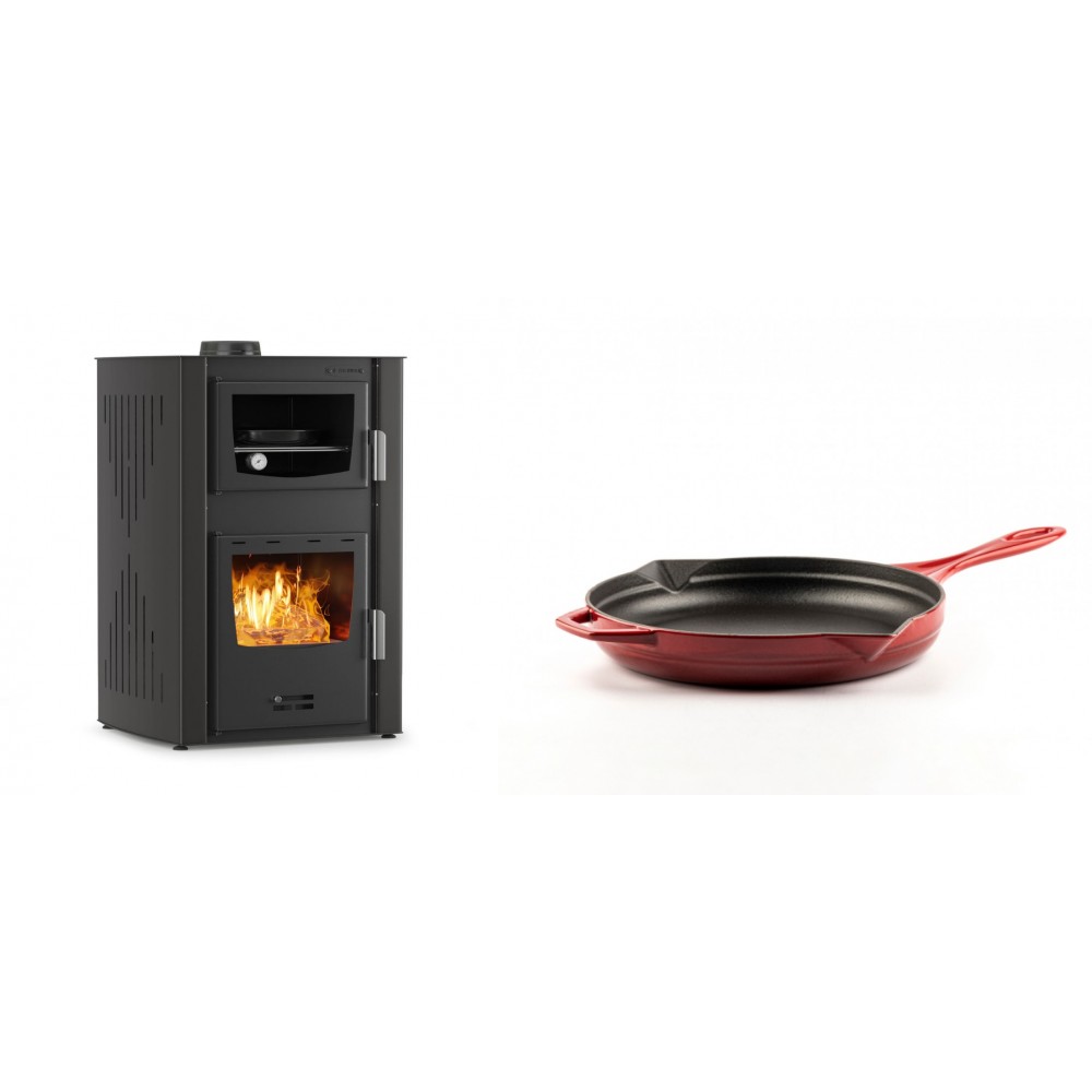 Set Kaminofen, Holzofen Wasserführend mit Backfach Velmora Fire ATS HYDRO ΜΑSΙΝΑ 90-25, 25kW + Emaillierte Gusseisenpfanne Solagio, Rubin, Ф24cm | Holzofen | Kaminofen |