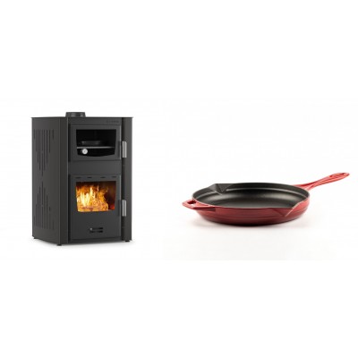 Set Kaminofen, Holzofen Wasserführend mit Backfach Velmora Fire ATS HYDRO ΜΑSΙΝΑ 90-25, 25kW + Emaillierte Gusseisenpfanne Solagio, Rubin, Ф24cm - Kaminofen - Holzofen mit Backfach