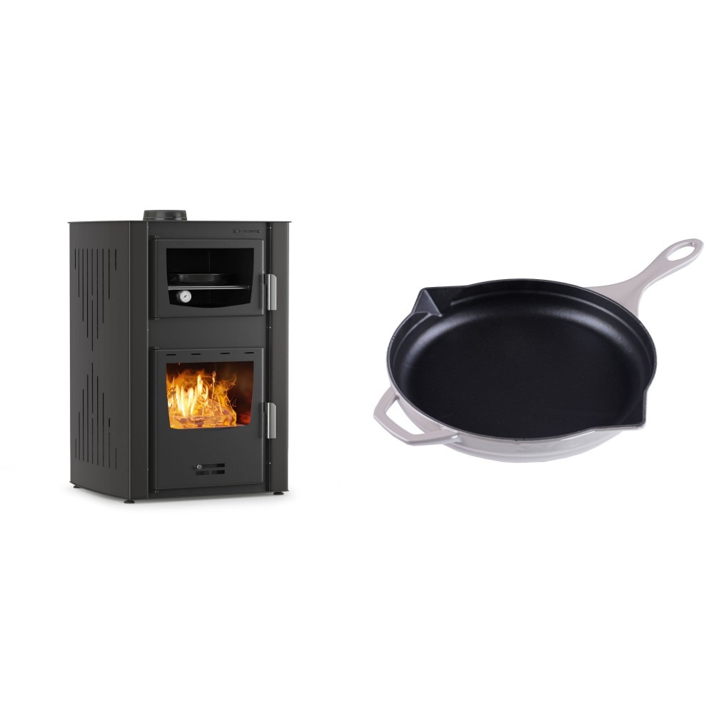 Set Kaminofen, Holzofen Wasserführend mit Backfach Velmora Fire ATS HYDRO ΜΑSΙΝΑ 90-25, 25kW + Emaillierte Gusseisenpfanne Solagio, Ivory, Ф28cm