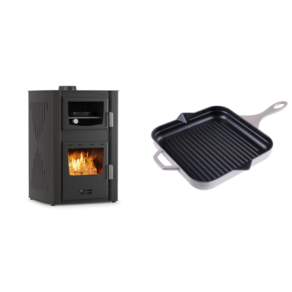 Set Kaminofen, Holzofen Wasserführend mit Backfach Velmora Fire ATS HYDRO ΜΑSΙΝΑ 90-25, 25kW + Emaillierte grillpfanne Gusseisen Solagio, Ivory, 28x28cm