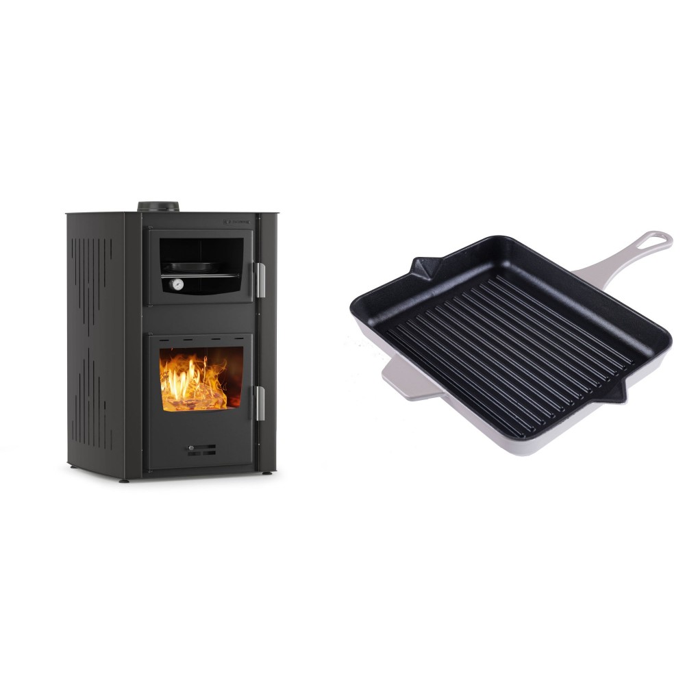 Set Kaminofen, Holzofen Wasserführend mit Backfach Velmora Fire ATS HYDRO ΜΑSΙΝΑ 90-25, 25kW + Emaillierte grillpfanne Gusseisen Solagio, Ivory, 26x32cm